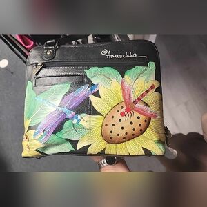 Anuschka Genuine Handpainted Leather black & Green Floral Patterned Crossbody